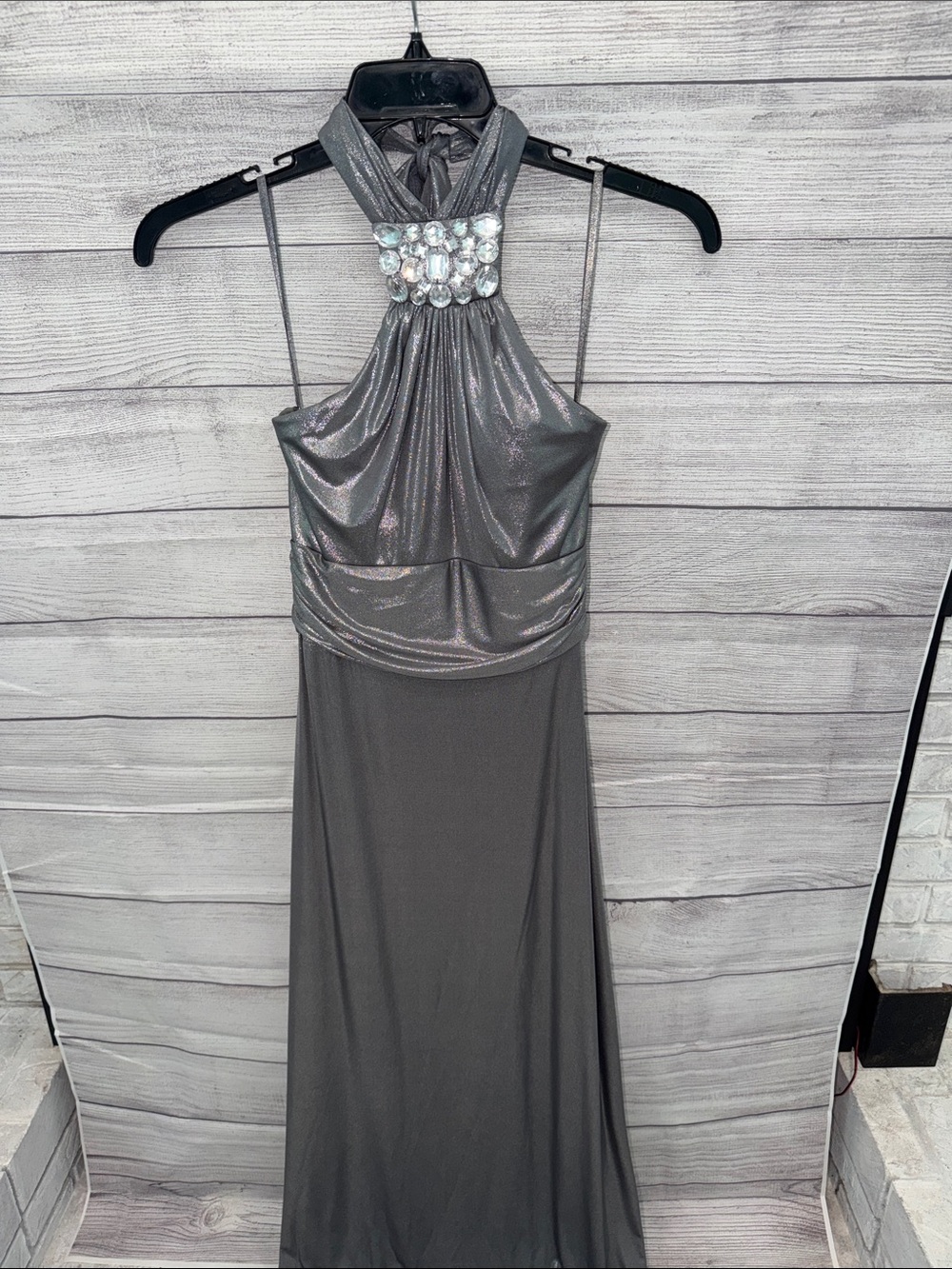 White House Black Market Silver Halter Gown with Jewel Bodice